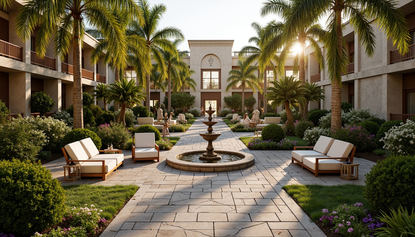 Prompt: Opulent gardens, lavish fountains, ornate sculptures, symmetrical pathways, manicured lawns, vibrant tropical plants, exotic flowers, bold geometric patterns, metallic accents, luxurious outdoor furniture, sun-kissed courtyards, majestic palm trees, elegant stone statues, intricate mosaics, curved lines, ornate ironwork, warm golden lighting, shallow depth of field, 1/2 composition, panoramic view, realistic textures, ambient occlusion.