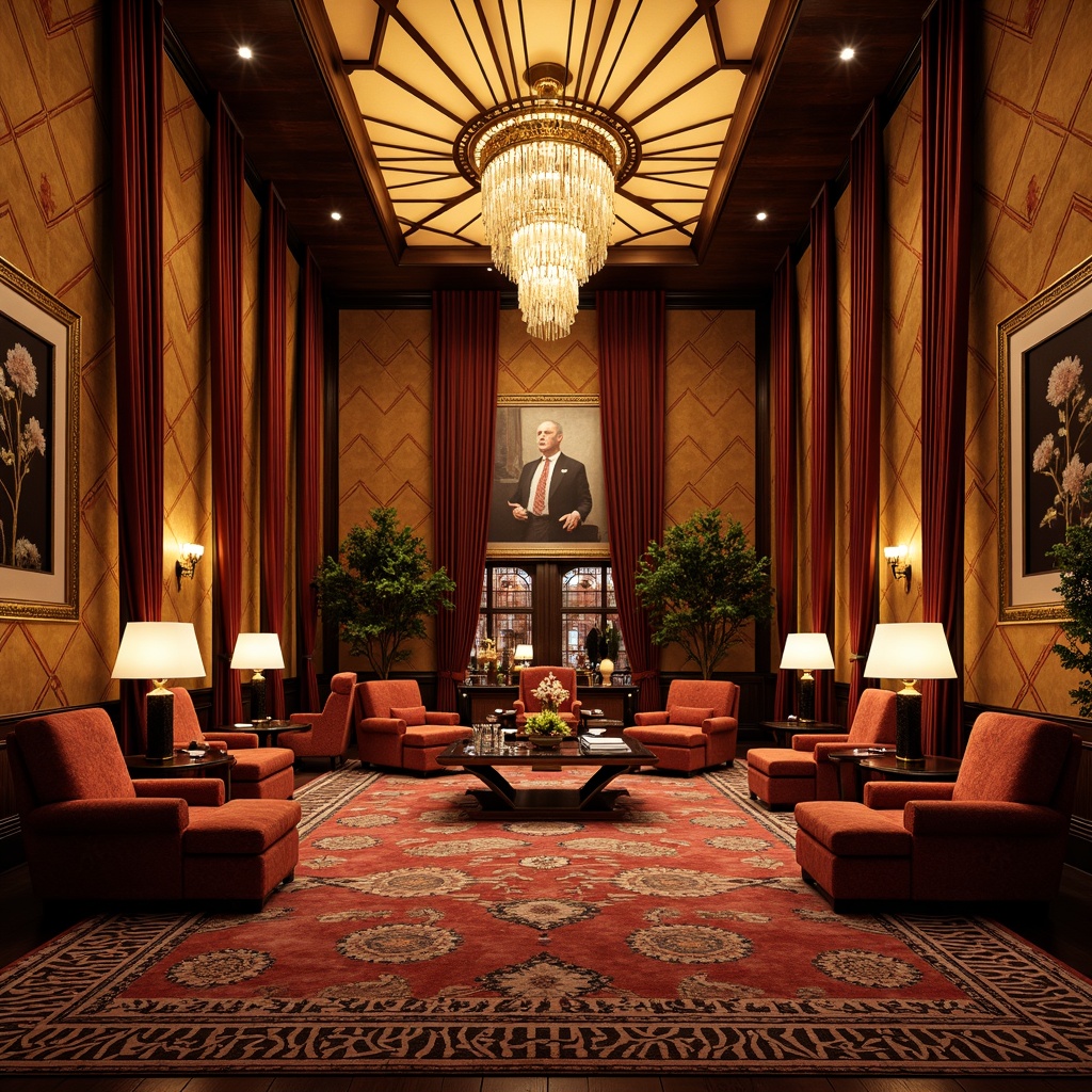 Prompt: Luxurious Art Deco interior, opulent fabrics, velvet drapes, metallic thread embroidery, geometric patterned rugs, richly upholstered furniture, lavish silk walls, ornate wooden accents, gilded frames, extravagant chandeliers, sunburst motifs, zigzag patterns, bold color schemes, glamorous ambiance, warm golden lighting, dramatic shadows, high-contrast photography, ornate details, luxurious textures.