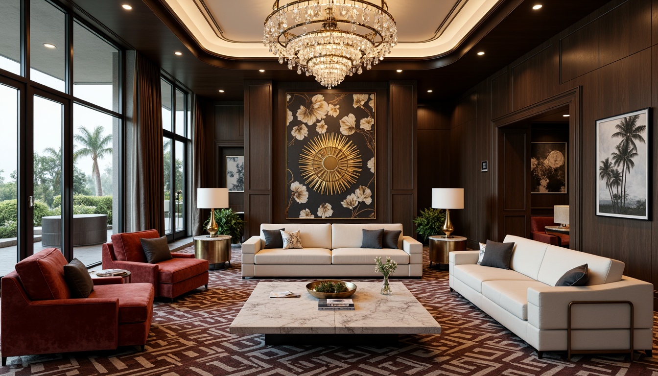 Prompt: Luxurious living room, ornate metallic accents, geometric patterned rugs, velvet sofas, crystal chandeliers, marble coffee tables, bold color schemes, sunburst motifs, zigzag patterns, circular lines, opulent fabrics, lavish textures, golden lighting fixtures, sleek modern furniture, minimalist decor, subtle curves, sophisticated ambiance, dramatic shadows, high-contrast colors, 1/1 composition, softbox lighting, detailed reflections.