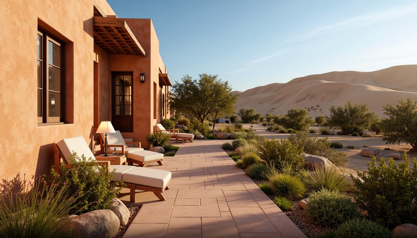 Prompt: Warm adobe architecture, earthy terracotta walls, rustic wooden accents, natural stone floors, cozy lantern lighting, vibrant greenery, blooming wildflowers, sun-kissed landscape, warm beige sandy dunes, clear blue sky, serene atmosphere, shallow depth of field, 3/4 composition, realistic textures, ambient occlusion.