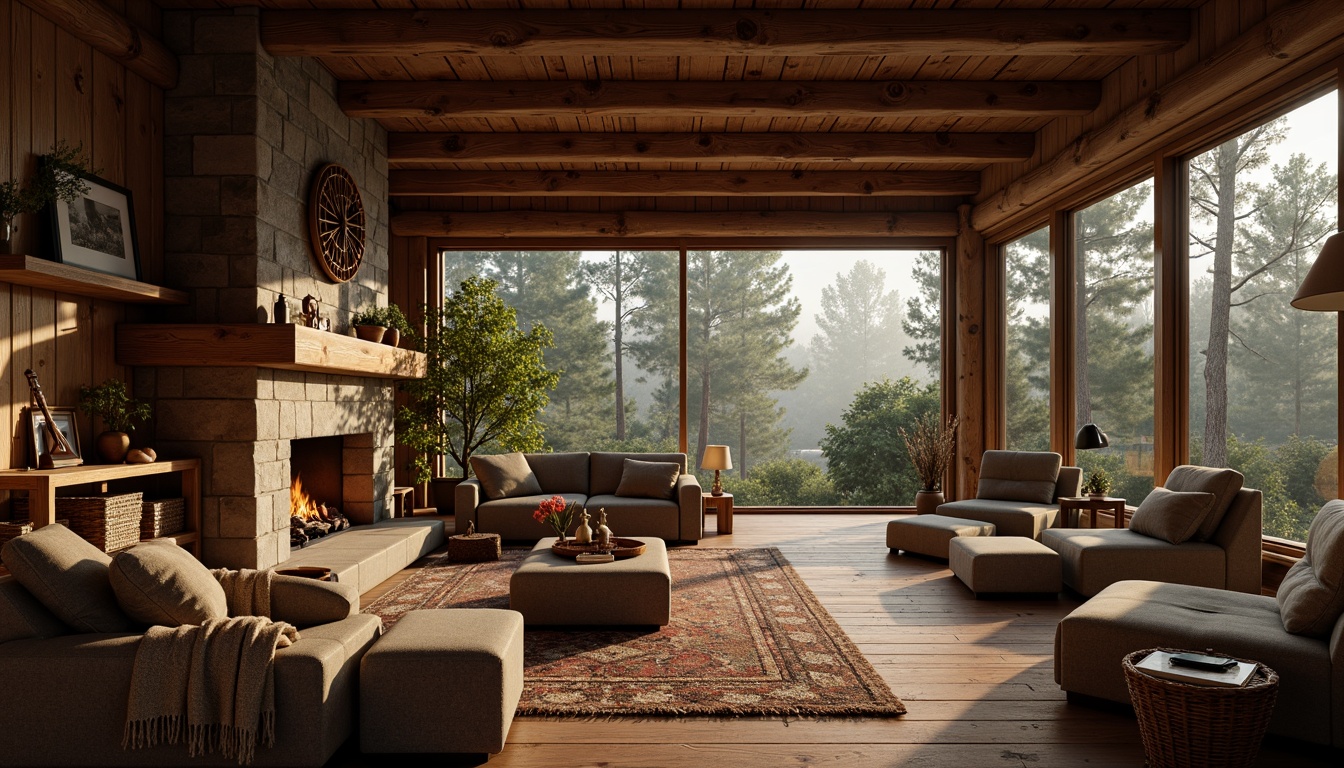 Prompt: Warm rustic cabin, earthy tones, wooden accents, natural stone fireplace, cozy plush furniture, vintage decorative items, woven textiles, soft warm lighting, shallow depth of field, 3/4 composition, panoramic view, realistic wood grain textures, ambient occlusion, serene forest surroundings, towering trees, misty morning atmosphere.