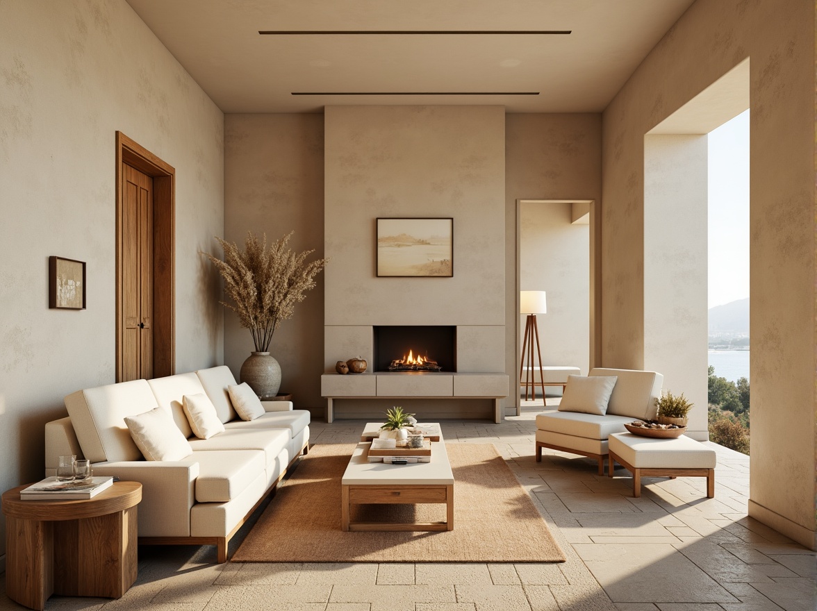 Prompt: Earthy tones, beige walls, creamy furniture, soft brown carpets, natural stone flooring, warm wooden accents, minimalist decor, subtle texture contrasts, cozy atmosphere, inviting living spaces, comfortable seating areas, calm color scheme, soothing ambiance, gentle lighting, shallow depth of field, 1/1 composition, realistic rendering.