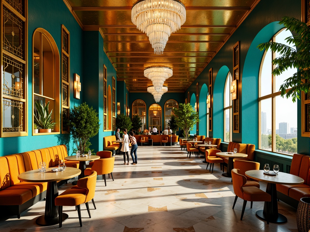 Prompt: Luxurious Art Deco interior, opulent gold accents, rich jewel-toned walls, vibrant turquoise hues, bold geometric patterns, ornate metalwork, lavish velvet fabrics, sophisticated marble floors, dramatic crystal chandeliers, sun-kissed Miami Beach vibes, glamorous Gatsby-inspired era, warm golden lighting, high-contrast shadows, 1/2 composition, symmetrical framing, realistic reflective surfaces.