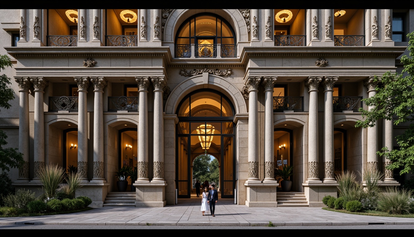 Prompt: Ornate baroque fa\u00e7ade, grandiose columns, intricately carved stonework, lavish ornamental details, rusticated quoins, symmetrical composition, imposing entranceways, dramatic archways, opulent gold accents, rich jewel-toned glass, subtle gradient effects, softbox lighting, high-contrast shadows, cinematic atmosphere, 1/2 composition, wide-angle lens, realistic reflections, ambient Occlusion.