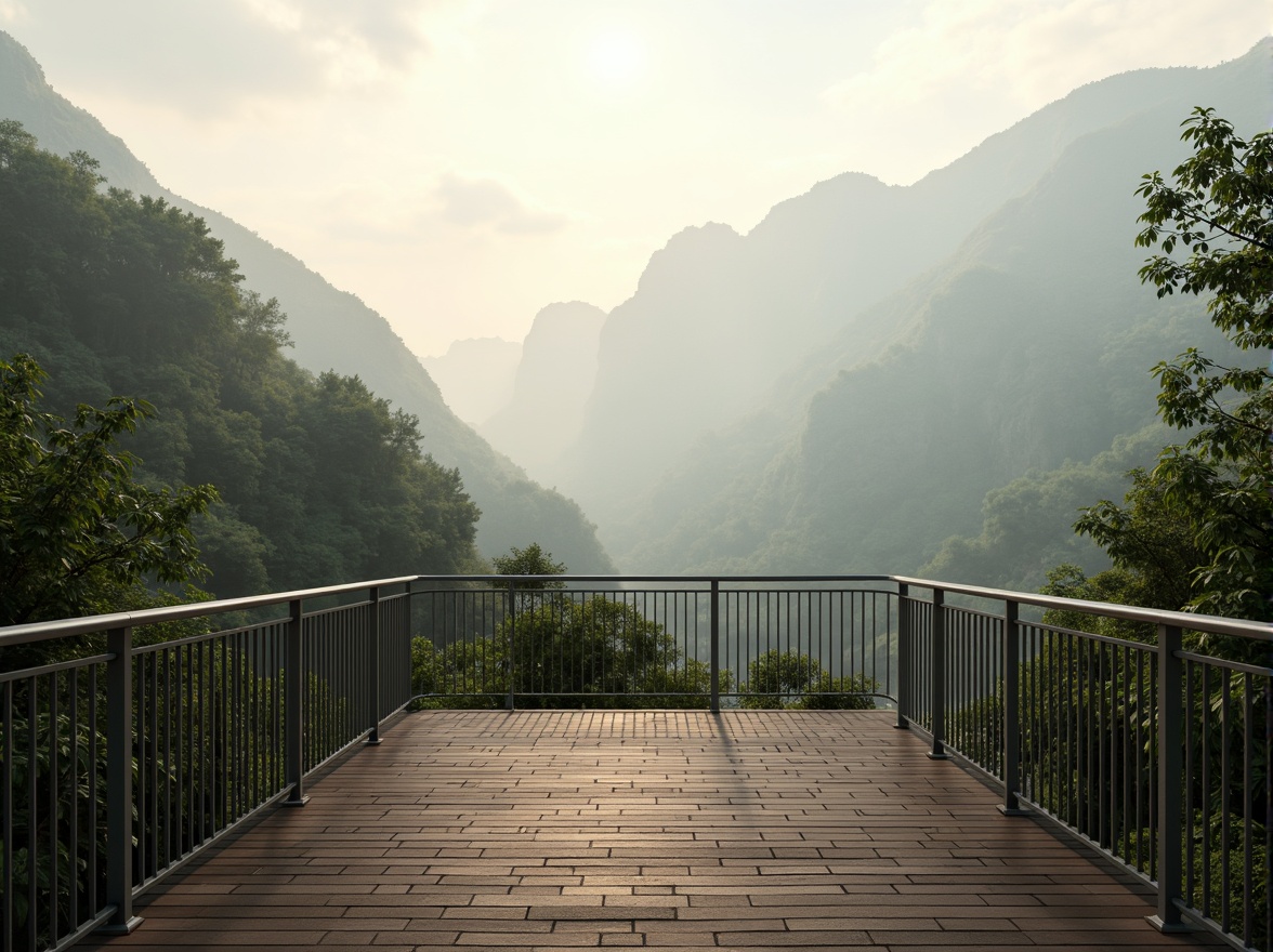 Prompt: Panoramic observation decks, sleek metal railings, sturdy wooden floors, elevated viewpoints, bird's-eye views, scenic overlooks, mountainous backgrounds, misty atmospheric conditions, soft warm lighting, shallow depth of field, 3/4 composition, realistic textures, ambient occlusion.