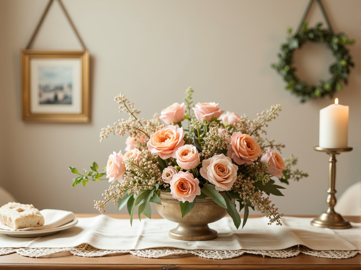 Prompt: Vibrant floral arrangements, pastel hues, soft peach tones, calming mint greens, creamy whites, warm beige backgrounds, natural wood accents, subtle golden frames, delicate lace textures, romantic candlelight, shallow depth of field, 1/1 composition, realistic reflections, ambient occlusion.