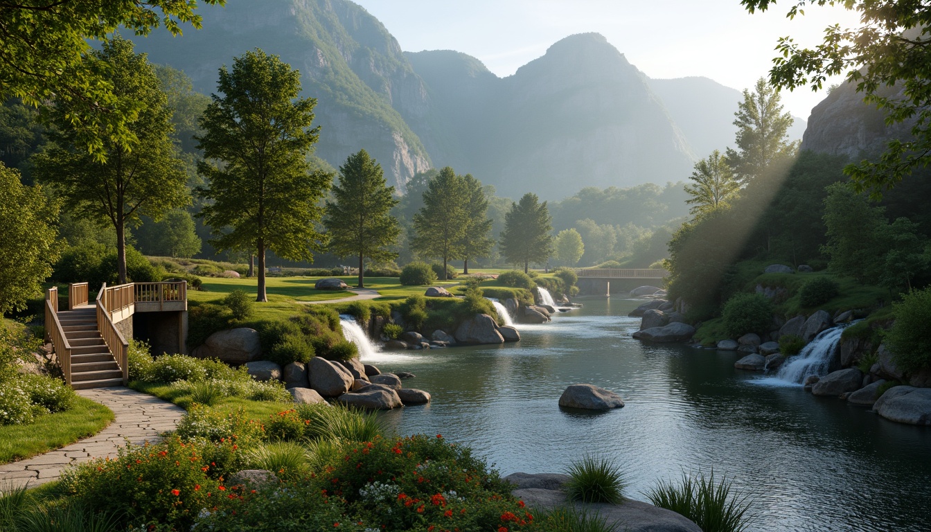 Prompt: Sweeping hillsides, lush green forests, sparkling waterfalls, winding stone pathways, natural rock formations, rustic wooden bridges, tranquil lakeside scenery, vibrant wildflowers, soft morning mist, warm sunlight filtering through trees, 1/2 composition, atmospheric perspective, realistic foliage textures, ambient occlusion.