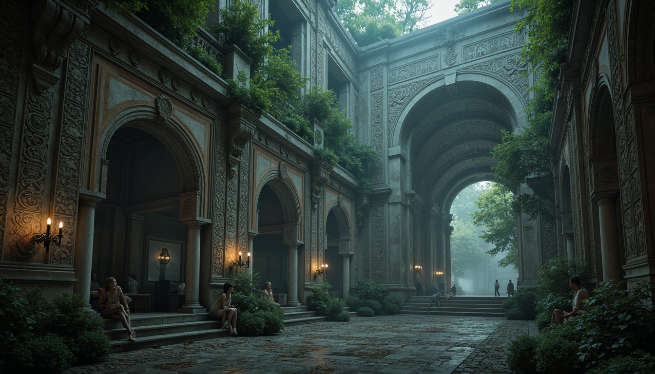 Prompt: Intricate stone carvings, ornate metalwork, dramatic lighting effects, atmospheric mist, mystical fog, eerie shadows, ancient ruins, mysterious artifacts, weathered stone statues, overgrown vegetation, crumbling arches, mystical symbols, abstract patterns, surreal landscapes, dreamlike ambiance, cinematic composition, low-key lighting, high-contrast textures.