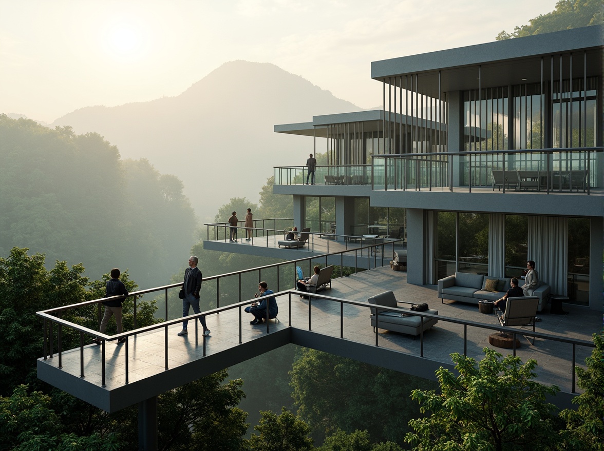 Prompt: Panoramic observation deck, sleek metal railings, glass floors, cantilevered structures, modern architecture, open-air platforms, 360-degree views, elevated vantage points, mountainous landscape, lush greenery, misty atmosphere, soft warm lighting, shallow depth of field, 3/4 composition, realistic textures, ambient occlusion.