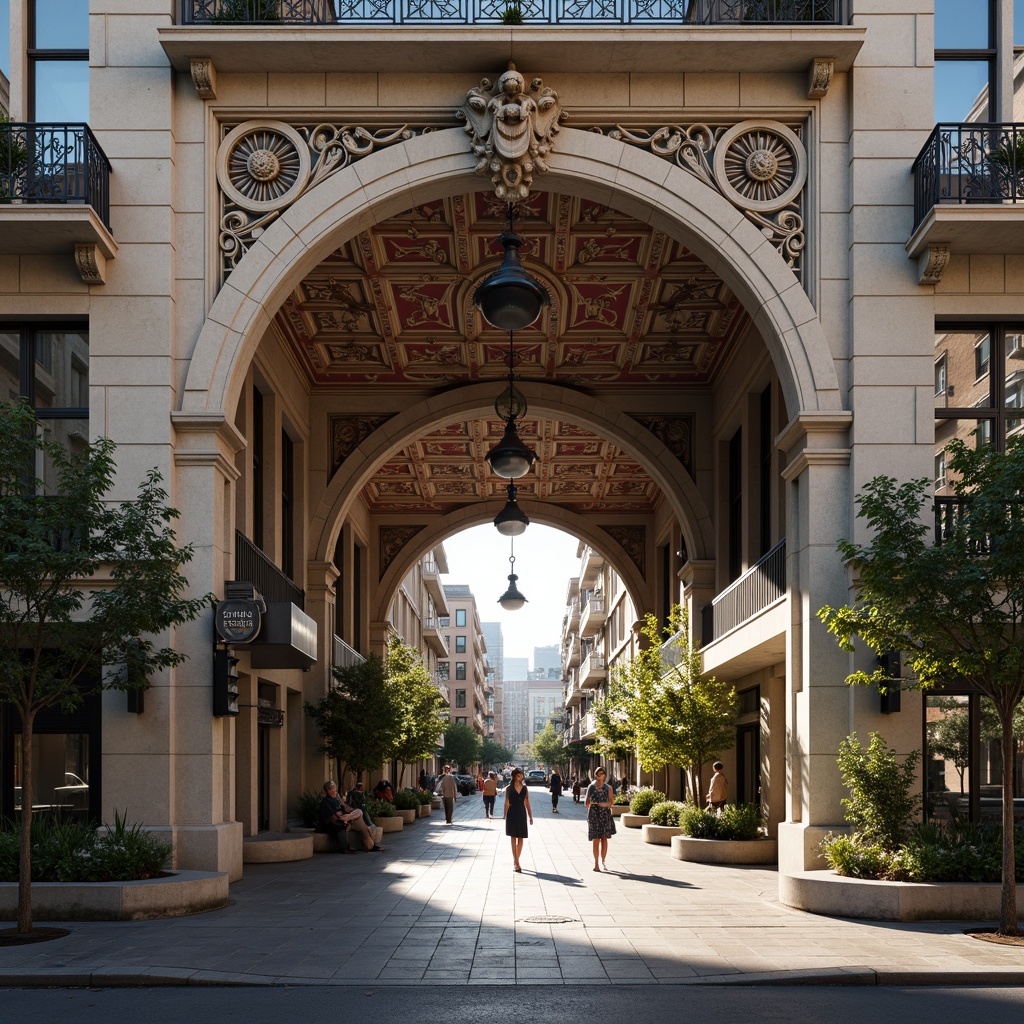 Prompt: Intricate stone carvings, ornate metalwork, grand entrance archways, imposing columns, elegant balconies, flowing curves, vibrant color schemes, dynamic lighting effects, urban cityscape backdrop, bustling street life, pedestrian traffic, morning sunlight, subtle shadows, high-contrast photography, 1/1 composition, central symmetry, realistic textures, ambient occlusion.