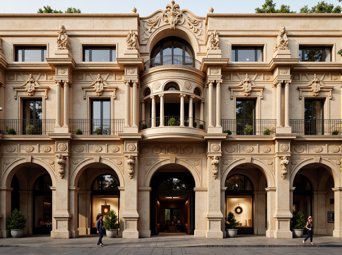 Prompt: Ornate Renaissance-inspired facade, grand archways, ornamental columns, intricately carved stone details, symmetrical compositions, classical proportions, warm beige stonework, rusticated quoins, decorative cornices, ornate window frames, stained glass windows, subtle chiaroscuro lighting, soft warm colors, elegant balustrades, refined pilasters, acanthus leaf motifs, gilded accents, subtle weathering effects, realistic textures, ambient occlusion.