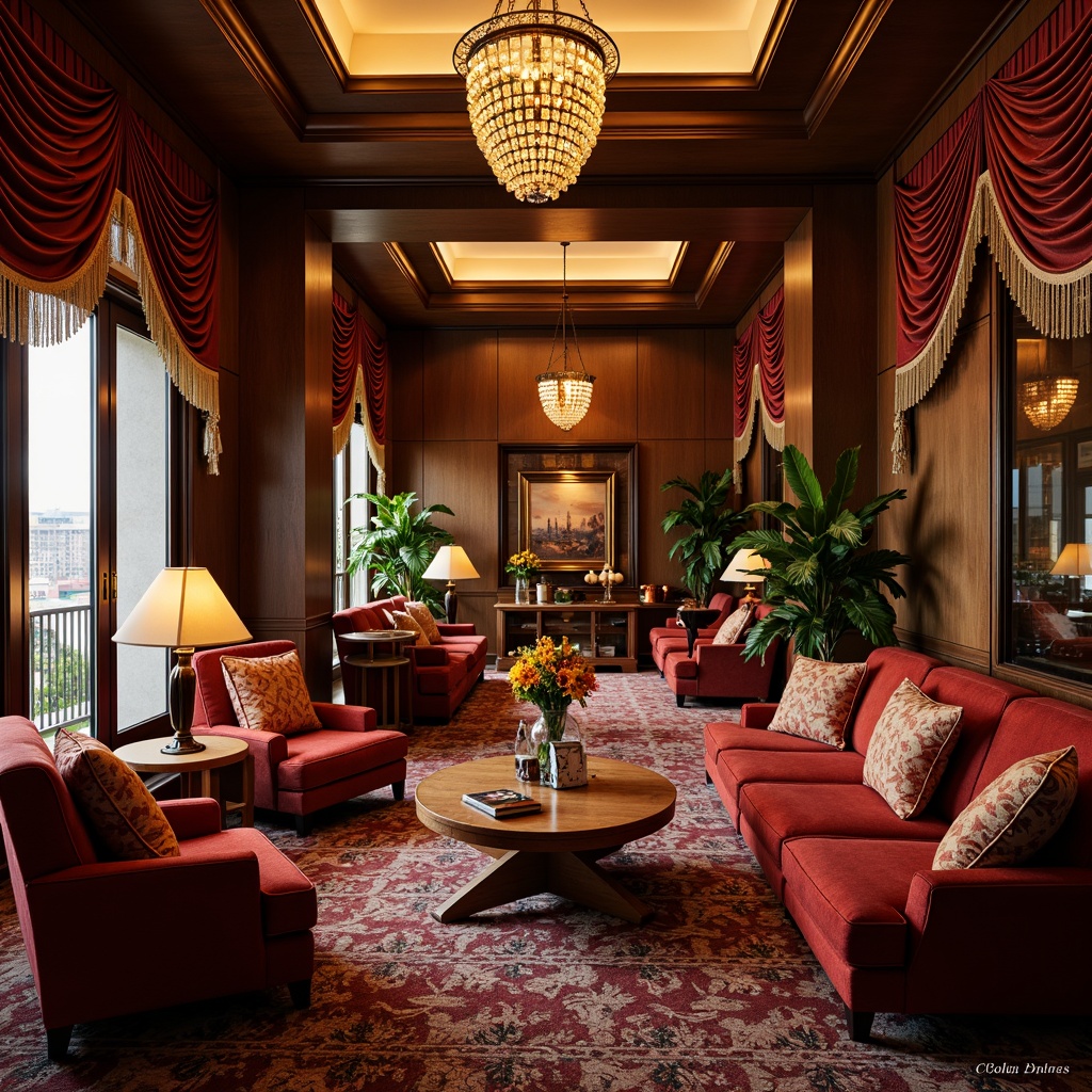 Prompt: Luxurious Art Deco interior, opulent fabrics, rich velvets, metallic threads, intricate patterns, geometric shapes, bold colors, ornate furniture, lavish drapery, tassel trims, beaded embellishments, glamorous chandeliers, sophisticated ambiance, warm golden lighting, shallow depth of field, 1/2 composition, realistic textures, ambient occlusion.