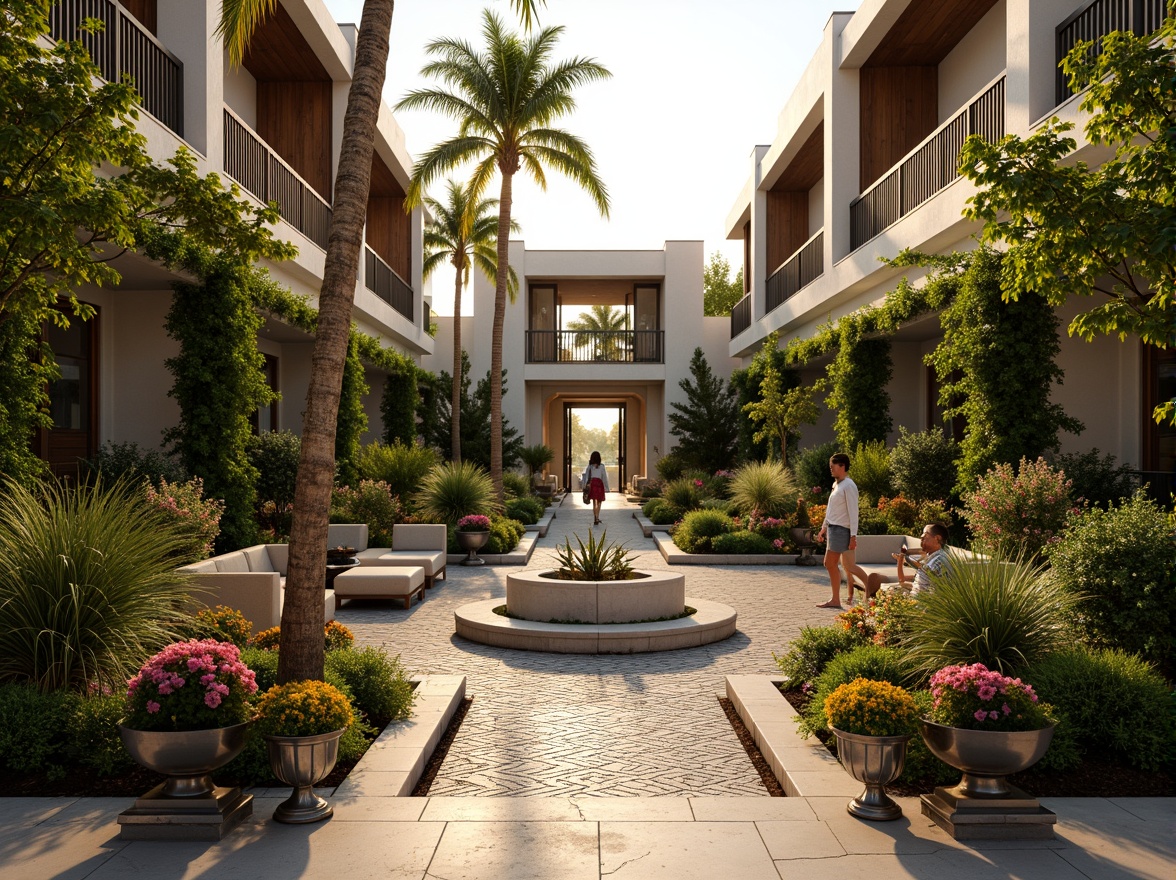 Prompt: Geometric gardens, symmetrical pathways, ornate fountains, lush greenery, vibrant tropical plants, palm trees, angular hedges, metallic planters, art deco-inspired ornaments, intricate mosaics, bold colorful flowers, sun-kissed courtyards, warm golden lighting, low-angle shots, 1/1 composition, realistic textures, ambient occlusion, ornate gates, decorative ironwork, luxurious outdoor furniture, patterned rugs, lavish water features.