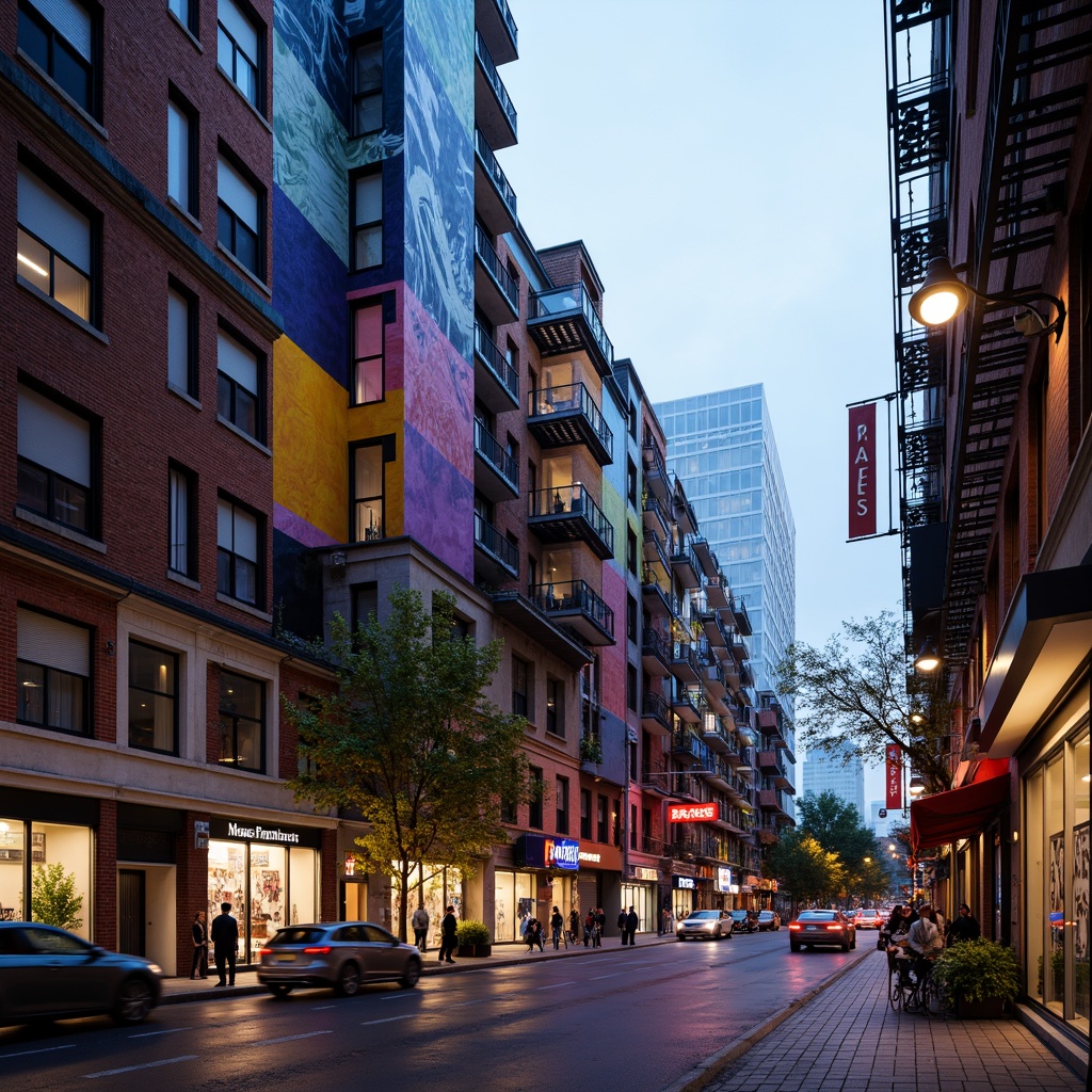 Prompt: Vibrant cityscape, eclectic urban architecture, bold color blocking, contrasting textures, industrial chic, exposed brick, metallic accents, neon signage, graffiti murals, atmospheric lighting, misty evenings, shallow depth of field, 1/2 composition, symmetrical framing, realistic reflections, ambient occlusion.