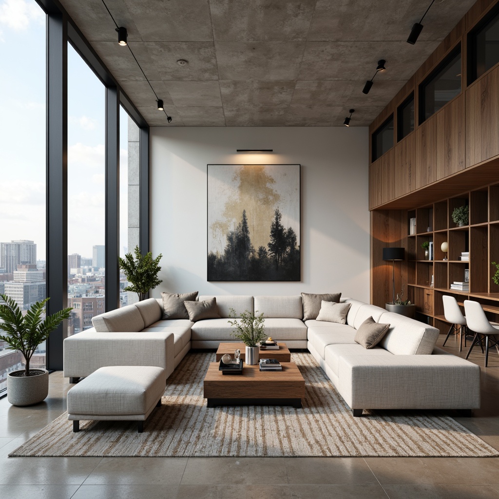 Prompt: Modern living room, minimalist decor, neutral color palette, comfortable sofas, sleek coffee tables, floor-to-ceiling windows, natural light, urban cityscape views, abstract artwork, geometric patterns, textured rugs, industrial metal lighting, cozy reading nooks, built-in shelving, functional storage units, harmonious balance of form and function, 1/1 composition, soft warm lighting, realistic textures, ambient occlusion.