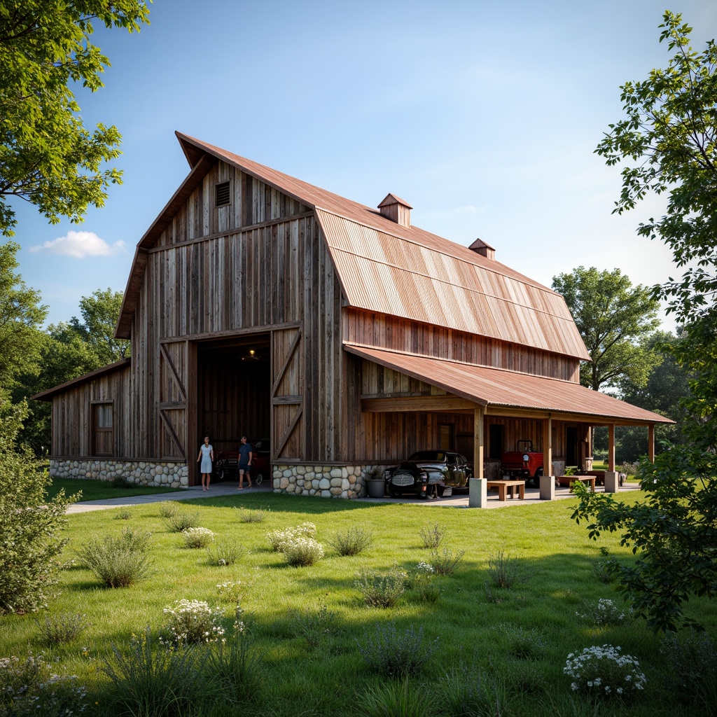 Prompt: Rustic barn, earthy tones, weathered wood, natural stone foundation, corrugated metal roofs, vintage farm equipment, lush green meadows, wildflowers, sunny afternoon, soft warm lighting, shallow depth of field, 3/4 composition, panoramic view, realistic textures, ambient occlusion, distressed wooden planks, rusty metal accents, earthy reds, sky blues, creamy whites, muted greens.