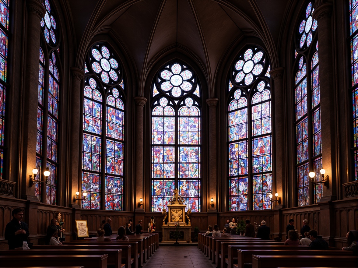 Prompt: Vibrant stained glass windows, kaleidoscope colors, intricate patterns, ornate details, Gothic architecture, grand cathedrals, spiritual ambiance, soft warm lighting, shallow depth of field, 3/4 composition, panoramic view, realistic textures, ambient occlusion, mystical atmosphere, divine presence.