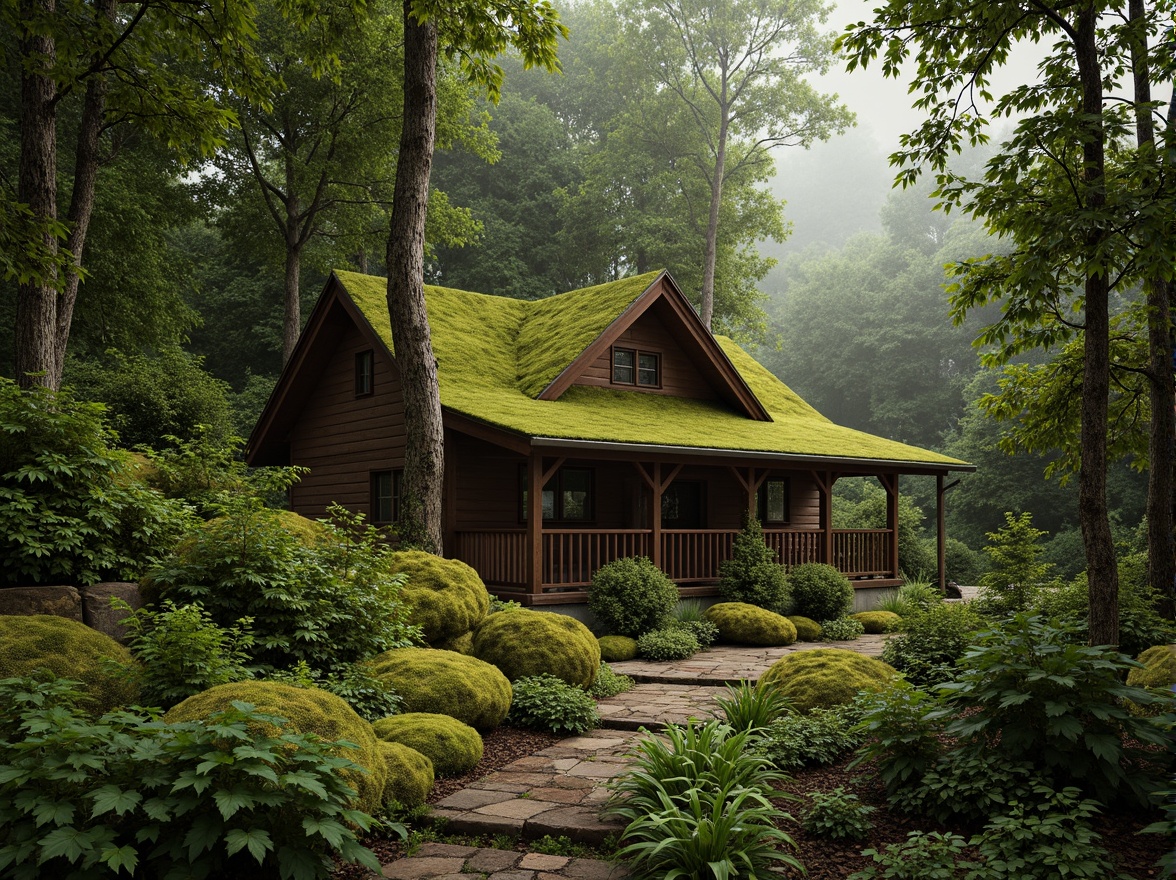 Prompt: Moss-covered stone walls, lush greenery, serene forest atmosphere, natural earthy tones, warm beige textures, wooden accents, rustic metal fixtures, soft diffused lighting, 3/4 composition, intimate framing, realistic moss growth, vibrant botanical details, organic shapes, whimsical nature-inspired patterns, cozy cabin architecture, secluded woodland setting, misty morning ambiance.