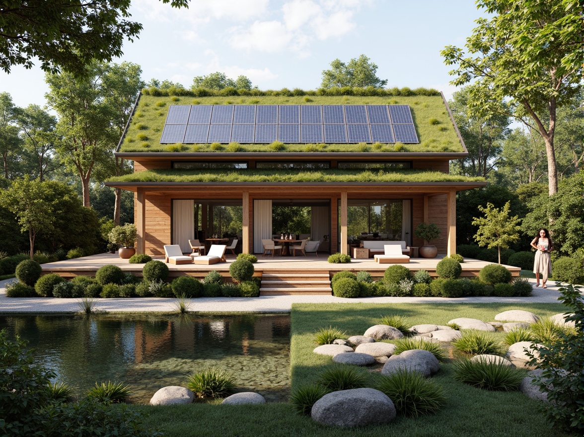 Prompt: Eco-friendly villa, lush green roofs, solar panels, rainwater harvesting systems, natural stone walls, reclaimed wood accents, floor-to-ceiling windows, passive solar design, thermal mass construction, organic gardens, native plant species, serene water features, outdoor living spaces, shaded courtyards, misting systems, warm earthy tones, soft diffused lighting, 1/1 composition, intimate scale, realistic textures, ambient occlusion.