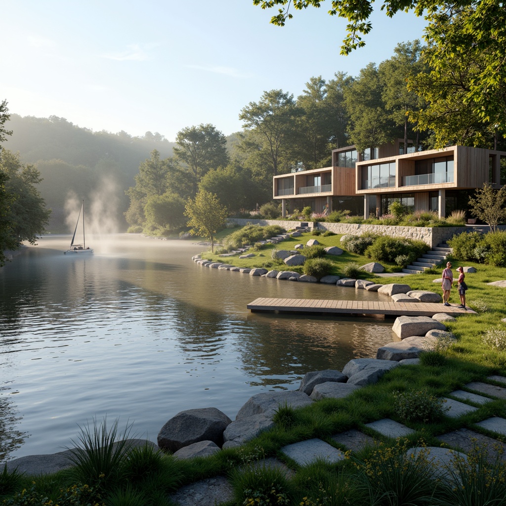 Prompt: Serene lakeside, gentle ripples, lush greenery, walking paths, wooden docks, sailboats, waterfalls, misty atmosphere, natural stone walls, modern architecture, large windows, glass railings, reflective surfaces, calm ambiance, soft warm lighting, shallow depth of field, 3/4 composition, panoramic view, realistic textures, ambient occlusion.