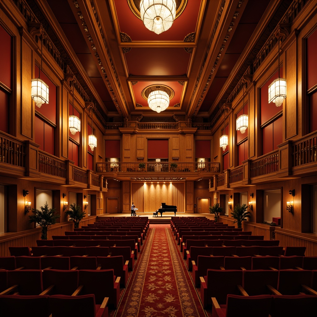 Prompt: Elegant concert hall, rich wood paneling, plush velvet seats, ornate chandeliers, grand pianos, soundproofed walls, acoustic ceilings, diffusers, absorptive materials, precise speaker placement, optimized reverberation time, warm ambient lighting, subtle color palette, intimate stage settings, dramatic spotlights, 1/2 composition, shallow depth of field, soft focus blur.