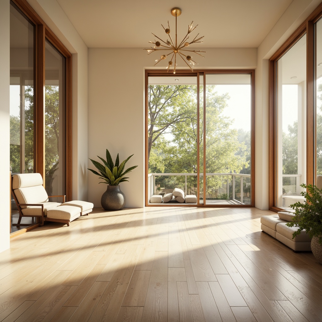 Prompt: Soft warm natural light, large windows, sliding glass doors, open floor plans, minimalist interior design, creamy white walls, polished wooden floors, elegant chandeliers, airy atmosphere, bright sunny day, gentle morning light, dramatic afternoon shadows, ambient occlusion, realistic textures, shallow depth of field, 3/4 composition, panoramic view.