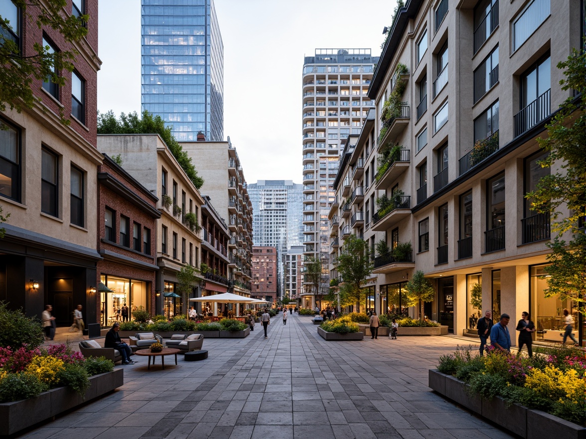 Prompt: Vibrant cityscape, eclectic mix of old and new buildings, bustling streets, pedestrian-friendly walkways, green roofs, vertical gardens, modern skyscrapers, sleek glass facades, ornate historical landmarks, cultural diversity, street art, urban furniture, public plazas, dynamic lighting systems, 1/1 composition, low-angle shot, warm color palette, soft focus, atmospheric perspective.