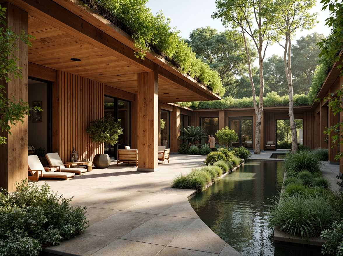 Prompt: Earthy tones, organic textures, reclaimed wood accents, bamboo flooring, natural stone walls, living green roofs, lush vegetation, serene water features, eco-friendly buildings, sustainable design principles, minimalist aesthetic, warm ambient lighting, shallow depth of field, 3/4 composition, realistic renderings, ambient occlusion.