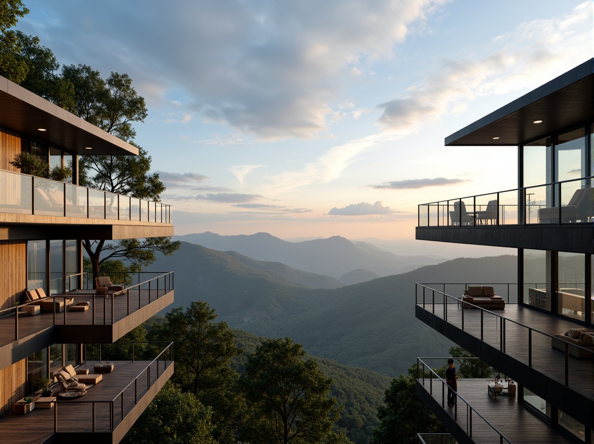 Prompt: Panoramic viewing decks, modern minimalist design, sleek metal railings, wooden planks, glass floors, transparent roofs, cantilevered structures, scenic overlooks, mountainous landscapes, serene forests, rolling hills, vast open spaces, dramatic skies, soft warm lighting, shallow depth of field, 3/4 composition, realistic textures, ambient occlusion.