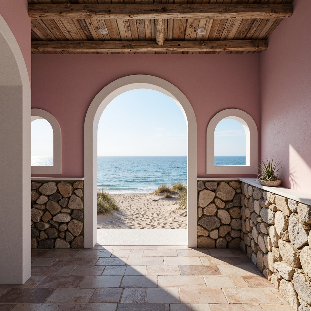 Prompt: Soft mauve hues, calming ocean views, weathered wood accents, driftwood textures, sea salt-weathered stone walls, crisp white trim, nautical ropes, porthole windows, curved lines, beachy vibes, laid-back atmosphere, warm sandy dunes, seaside breeze, gentle sunlight, shallow depth of field, 1/2 composition, serene ambiance, realistic materials, ambient occlusion.