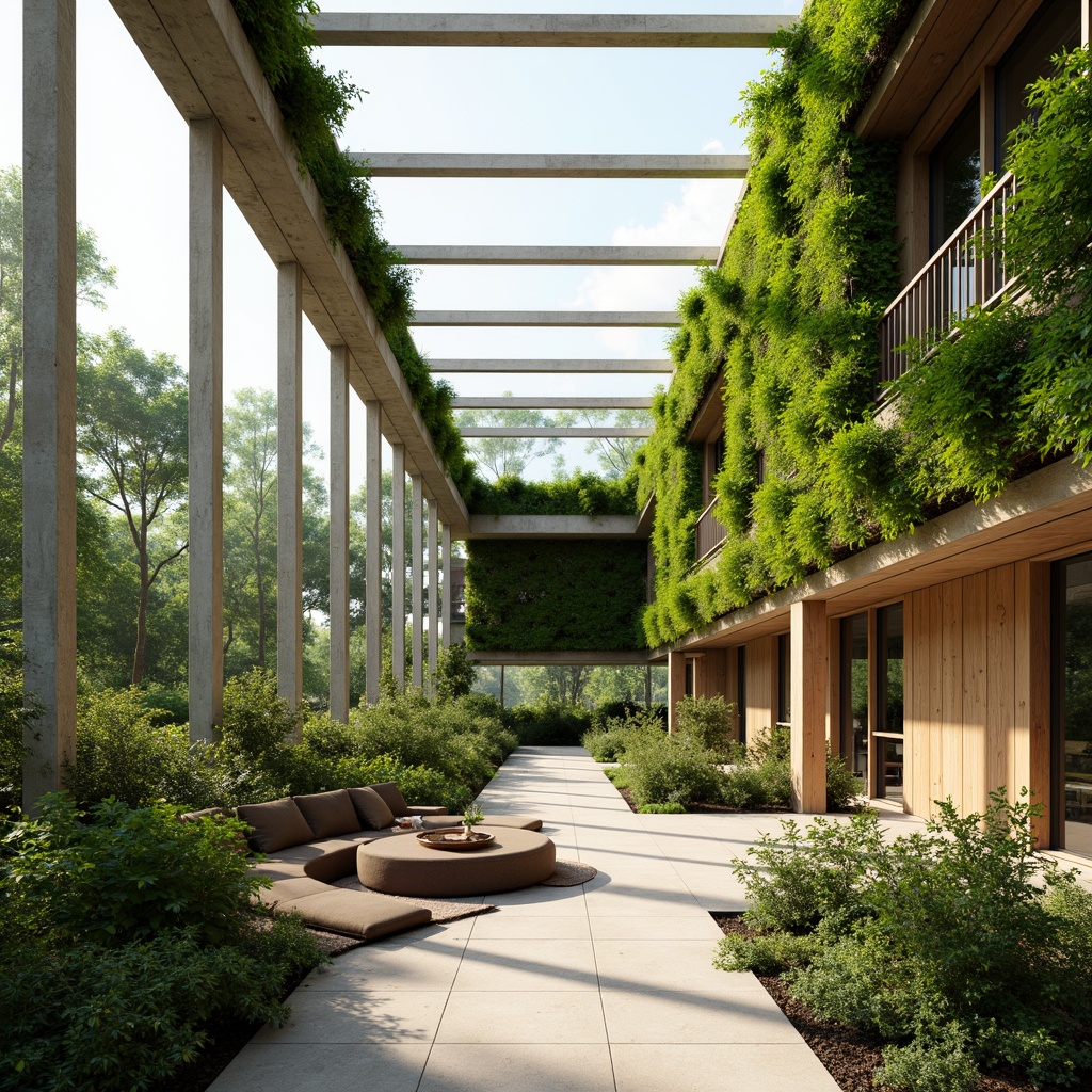 Prompt: Vibrant green roofs, lush living walls, large skylights, clerestory windows, solar tubes, natural ventilation systems, airy open spaces, minimalist interior design, recycled materials, low-carbon footprint, eco-friendly furnishings, organic textures, warm earthy tones, soft diffused light, shallow depth of field, 1/1 composition, realistic ambient occlusion, sunny day, gentle breeze.