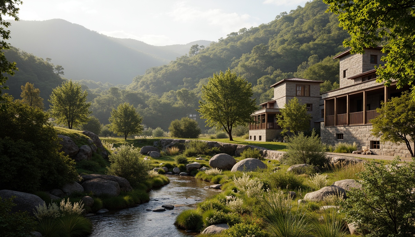 Prompt: Serene landscape, rolling hills, lush greenery, native flora, meandering streams, rustic wooden bridges, weathered stone walls, earthy tones, organic shapes, natural materials, blending architecture, harmonious integration, seamless transitions, curved lines, soft warm lighting, atmospheric perspective, 1/2 composition, intimate scale, realistic textures, ambient occlusion.