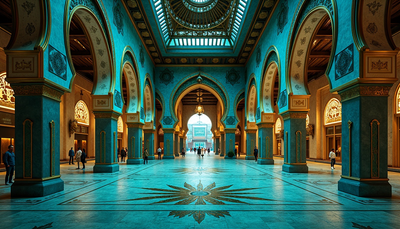 Prompt: Intricate Islamic-inspired geometry, vibrant turquoise accents, luxurious gold details, majestic archways, ornate tile work, symmetrical compositions, futuristic metallic surfaces, neon-lit cityscapes, abstract fractal patterns, hypnotic optical illusions, 3D modeling, dramatic lighting effects, cinematic wide-angle shots, high-contrast color schemes, bold graphic elements, avant-garde architectural designs.