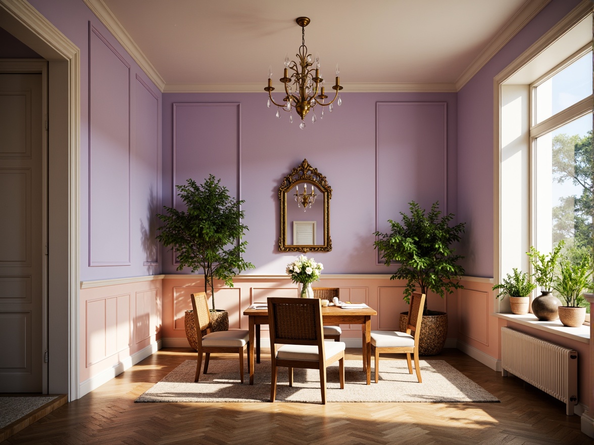 Prompt: Pastel lilac walls, soft peach accents, creamy white trim, lush greenery, natural wood furniture, woven wicker decor, delicate florals, vintage ornate mirrors, elegant crystal chandeliers, luxurious velvet upholstery, warm golden lighting, shallow depth of field, 1/1 composition, intimate atmosphere, romantic ambiance, whimsical patterns, subtle texture overlays.