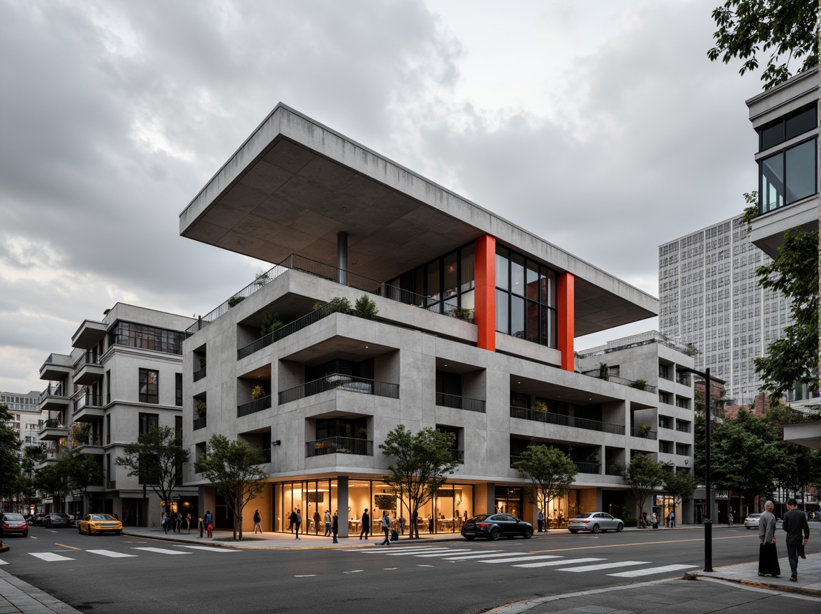 Prompt: Geometric museum facade, asymmetrical composition, cantilevered roofs, industrial materials, exposed ductwork, steel beams, concrete walls, large glass windows, minimalist ornamentation, functional simplicity, primary color accents, rectangular forms, angular lines, brutalist architecture, urban cityscape, cloudy grey sky, dramatic shading, high contrast lighting, 2/3 composition, architectural photography, realistic renderings, ambient occlusion.