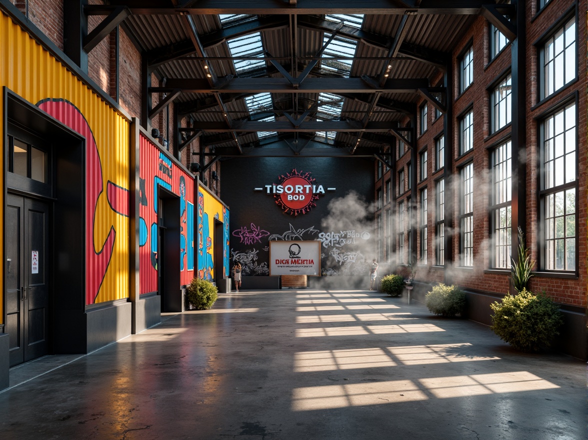 Prompt: Industrial warehouse facade, exposed brick walls, steel beams, corrugated metal cladding, reclaimed wood accents, urban graffiti, edgy modern aesthetic, abstract geometric patterns, bold color blocking, dynamic LED lighting, futuristic signage, raw concrete textures, distressed finishes, minimalist decor, open floor plans, lofty ceilings, natural light pouring in, atmospheric fog effects, cinematic wide-angle shots, 1/2 composition, moody high-contrast imagery.