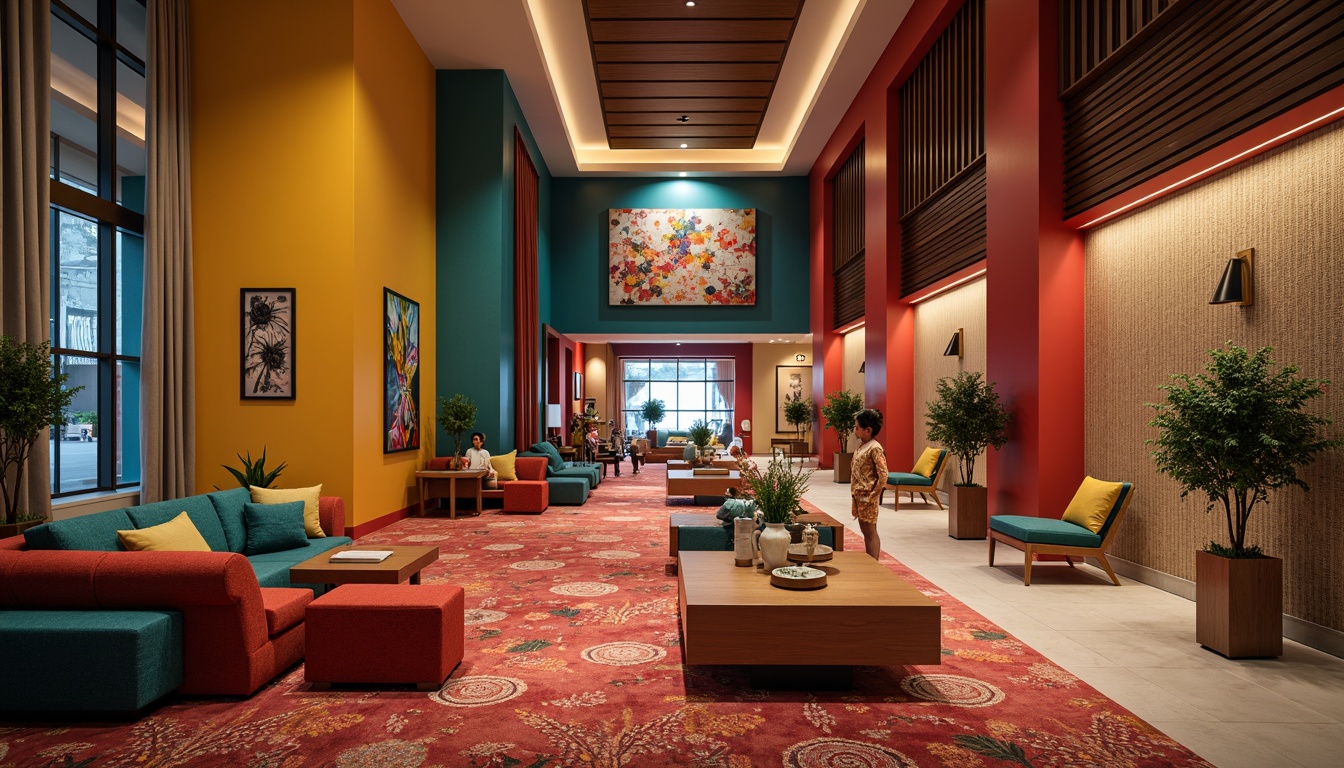 Prompt: Vibrant hotel lobby, bold color schemes, contrasting textures, luxurious furnishings, ambient lighting, warm tone wood accents, sophisticated metal fixtures, calming neutral backgrounds, invigorating accent walls, energizing artwork, refreshing patterns, dynamic spatial layout, 3/4 composition, atmospheric rendering, realistic reflections, subtle gradient effects.