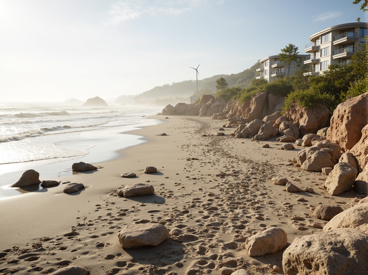 Prompt: Sandy beach, gentle ocean waves, driftwood sculptures, weathered rock formations, sea salt air, misty mornings, natural dunes, coastal vegetation, eco-friendly buildings, recycled materials, green roofs, solar panels, wind turbines, sustainable fishing practices, educational signs, wildlife conservation areas, shallow tidal pools, soft warm lighting, 1/1 composition, realistic textures, ambient occlusion.