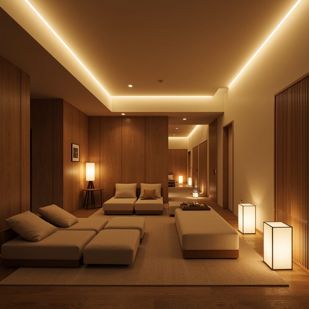 Prompt: Minimalist room, soft warm glow, LED strip lights, recessed lighting, floor lamps, simple shapes, matte finishes, neutral color palette, calm atmosphere, natural materials, wooden accents, paper lanterns, subtle shadows, 1/1 composition, shallow depth of field, gentle highlights, ambient occlusion, softbox lighting.