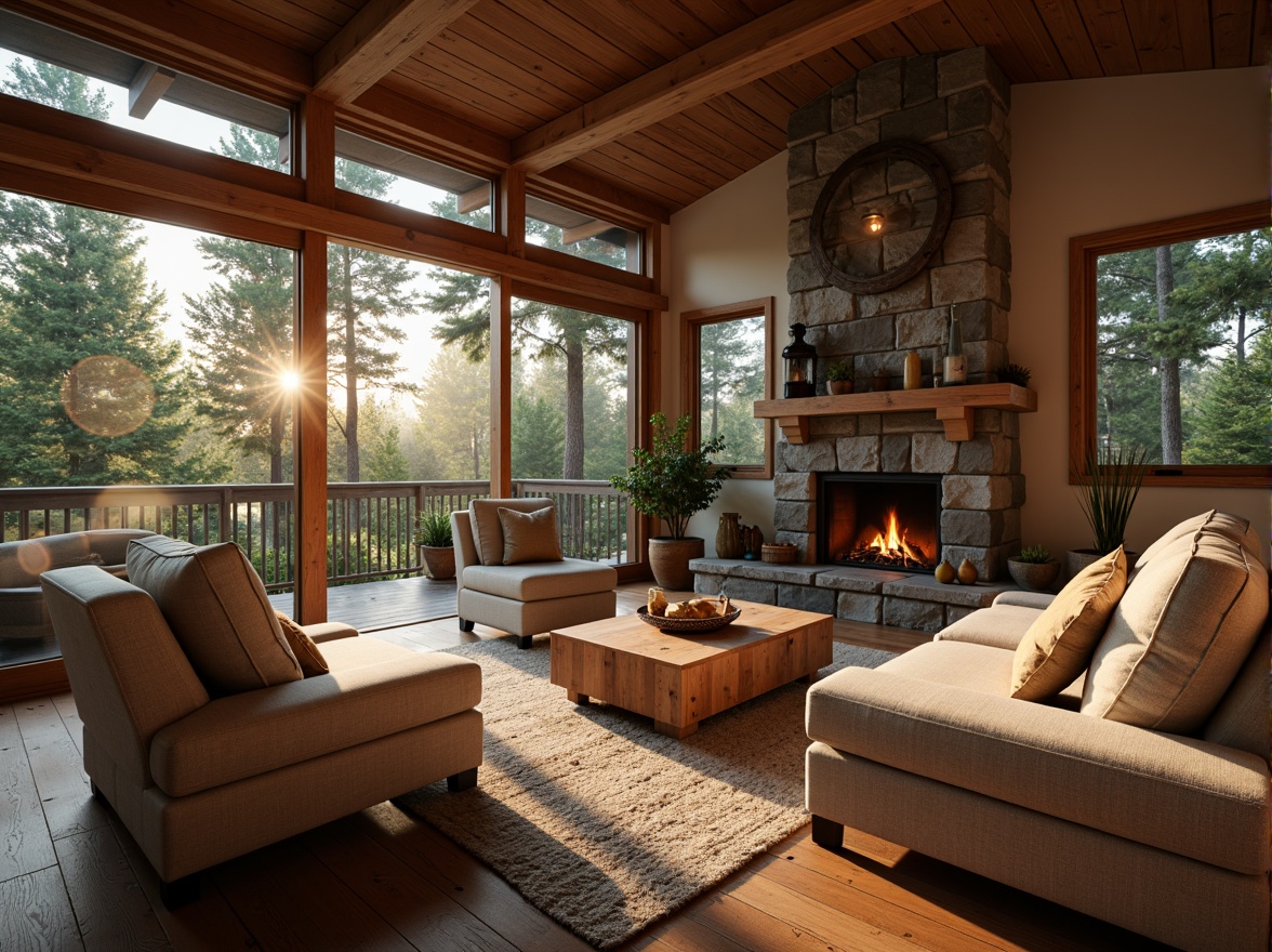 Prompt: Cozy cabin, wooden accents, earthy tones, large windows, sliding glass doors, warm beige walls, comfortable furniture, plush textiles, soft cushions, natural stone fireplace, crackling flames, warm golden lighting, shallow depth of field, 1/1 composition, intimate atmosphere, serene forest surroundings, misty morning, gentle sunbeams.