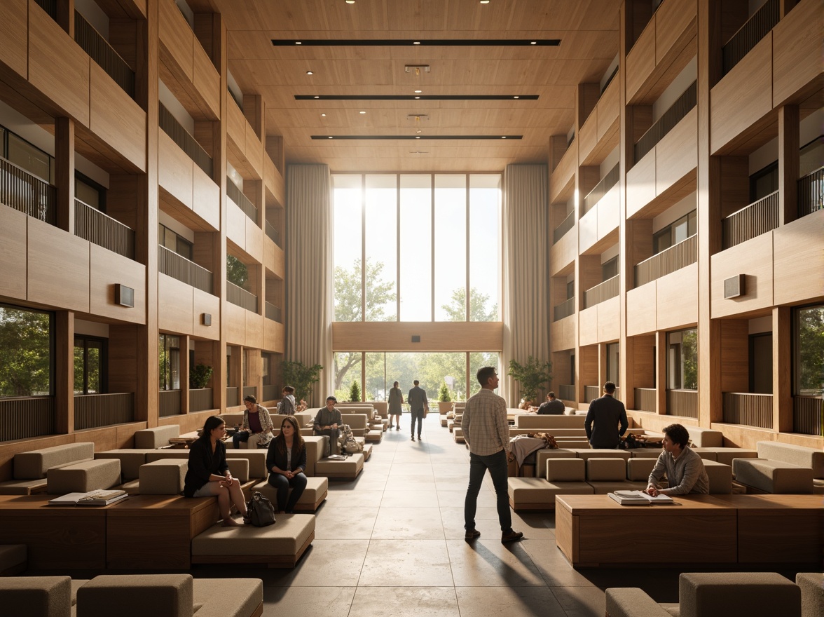 Prompt: Grand auditorium, fusion design elements, natural light pouring in, large windows, high ceilings, minimalist decor, sleek lines, modern architecture, warm beige tones, comfortable seating, wooden accents, subtle texture patterns, soft warm lighting, shallow depth of field, 3/4 composition, panoramic view, realistic textures, ambient occlusion.