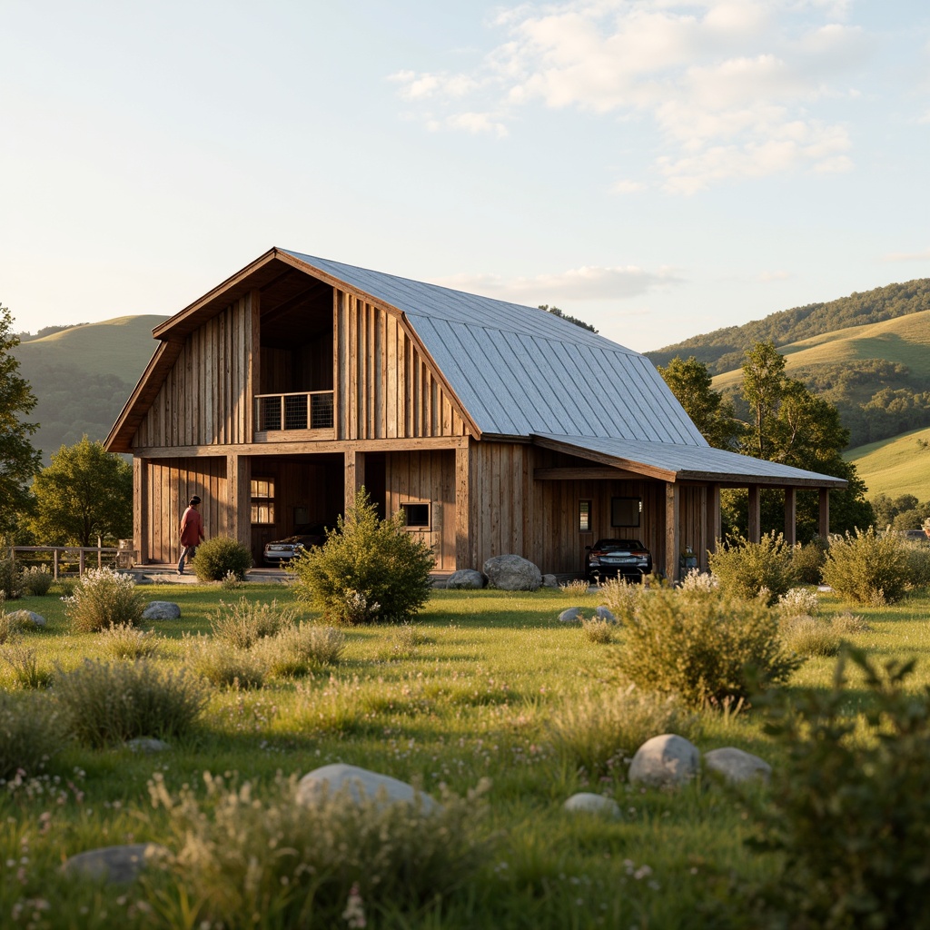 Prompt: Rustic barn, wooden accents, reclaimed wood, metal roofing, earthy tones, natural surroundings, rolling hills, green pastures, wildflowers, sunny afternoon, soft warm lighting, shallow depth of field, 3/4 composition, panoramic view, realistic textures, ambient occlusion, eco-friendly materials, low-carbon footprint, recycled materials, FSC-certified wood, bamboo features, straw bale construction, earthship-inspired design, passive solar heating, rainwater harvesting systems.