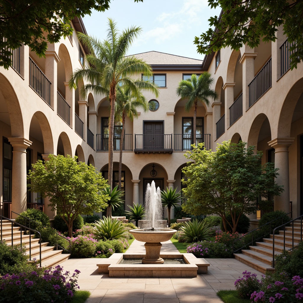 Prompt: Elegant courtyard, ornate fountains, lush greenery, vibrant flowers, grand staircases, marble columns, ornamental railings, classic archways, symmetrical composition, soft warm lighting, shallow depth of field, 3/4 perspective, panoramic view, realistic textures, ambient occlusion, sophisticated color palette, intricate moldings, refined furnishings, luxurious fabrics, subtle patterns.