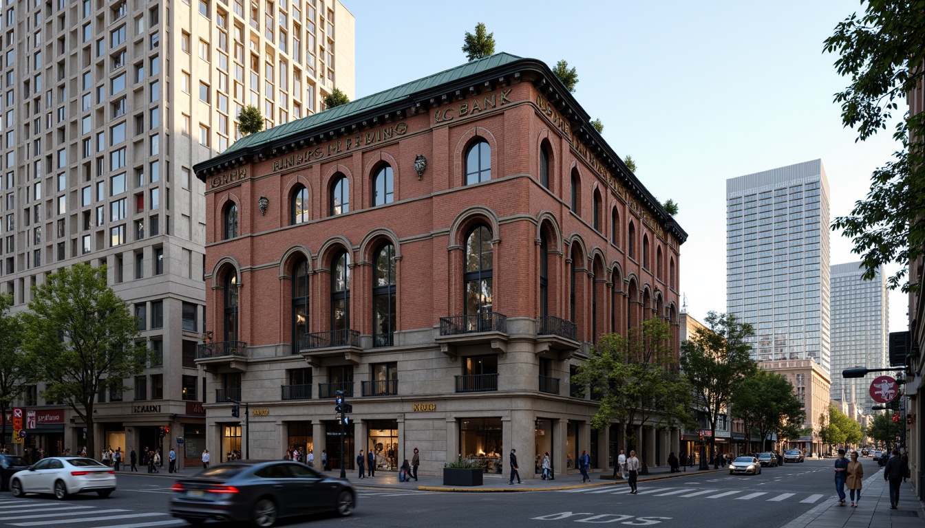 Prompt: Historic bank building, Romanesque architecture, ornate stone carvings, grand archways, rustic brick fa\u00e7ade, copper roof details, intricate stonework, urban cityscape, bustling streets, modern skyscrapers, vibrant street art, lively pedestrians, natural light, warm afternoon sun, shallow depth of field, 2/3 composition, realistic textures, ambient occlusion.