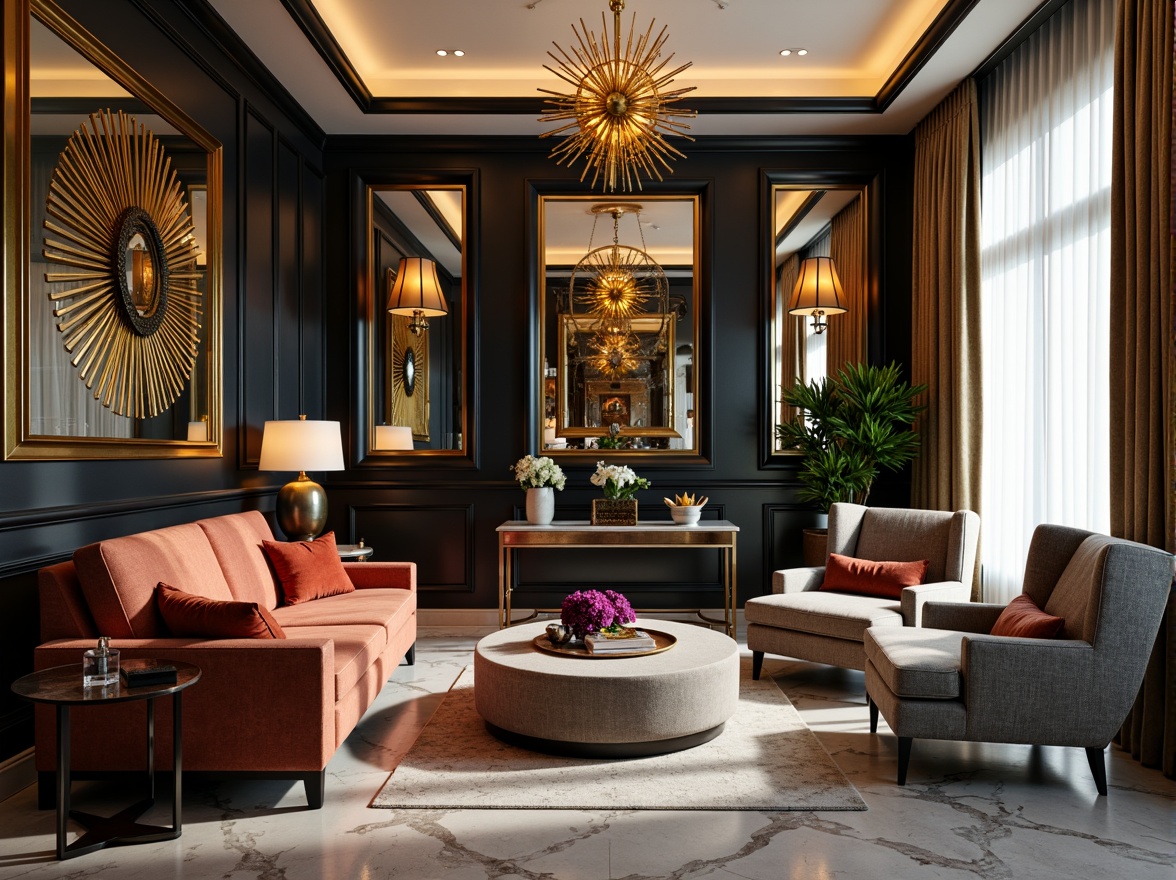 Prompt: Luxurious modern living room, metallic accents, geometric patterns, ornate mirrors, statement lighting fixtures, velvet upholstered furniture, bold color schemes, marble flooring, sleek lines, opulent textiles, lavish drapery, sunburst motifs, chrome hardware, sophisticated ambiance, warm golden lighting, shallow depth of field, 1/1 composition, realistic reflections.