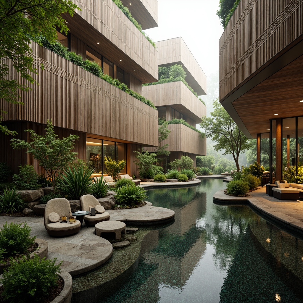 Prompt: Organic futuristic architecture, reclaimed wood accents, living walls with lush greenery, natural stone foundations, earthy tone color palette, bamboo textures, woven fibers, translucent glass facades, minimalist decor, ambient soft lighting, misty atmosphere, shallow depth of field, 3/4 composition, panoramic view, realistic renderings.