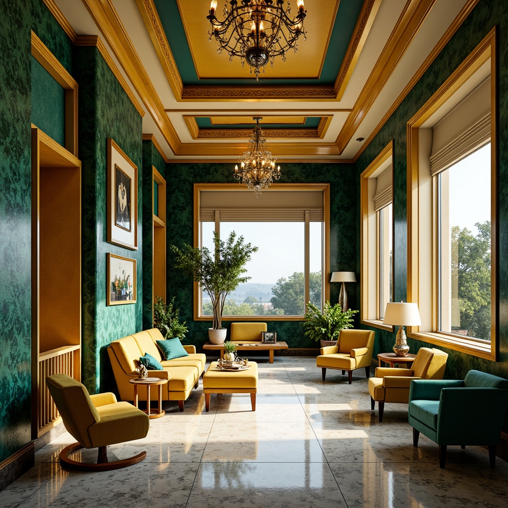 Prompt: Vibrant Art Deco interior, luxurious materials, metallic accents, ornate patterns, geometric shapes, bold color palette, emerald green, navy blue, sunshine yellow, rich gold, creamy white, opulent chandeliers, velvet upholstery, marble floors, intricate moldings, lavish furnishings, sunlit windows, soft warm glow, high contrast ratio, 1/1 composition, cinematic lighting, dramatic shadows, realistic reflections.