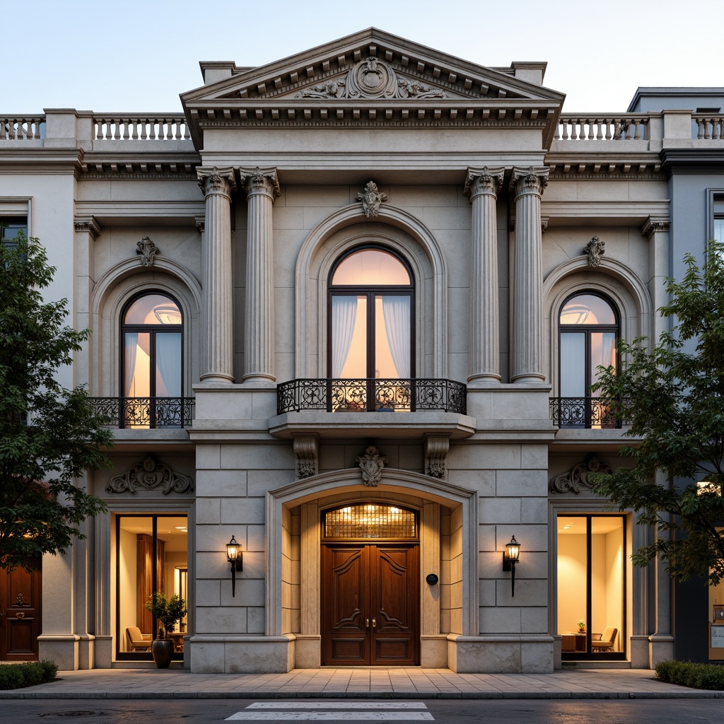 Prompt: Grandiose columns, ornate cornices, symmetrical facades, intricately carved stone details, majestic arches, rusticated bases, grand entranceways, imposing pediments, classical proportions, elegant balconies, wrought iron railings, limestone walls, subtle moldings, soft warm lighting, shallow depth of field, 1/1 composition, realistic textures, ambient occlusion.