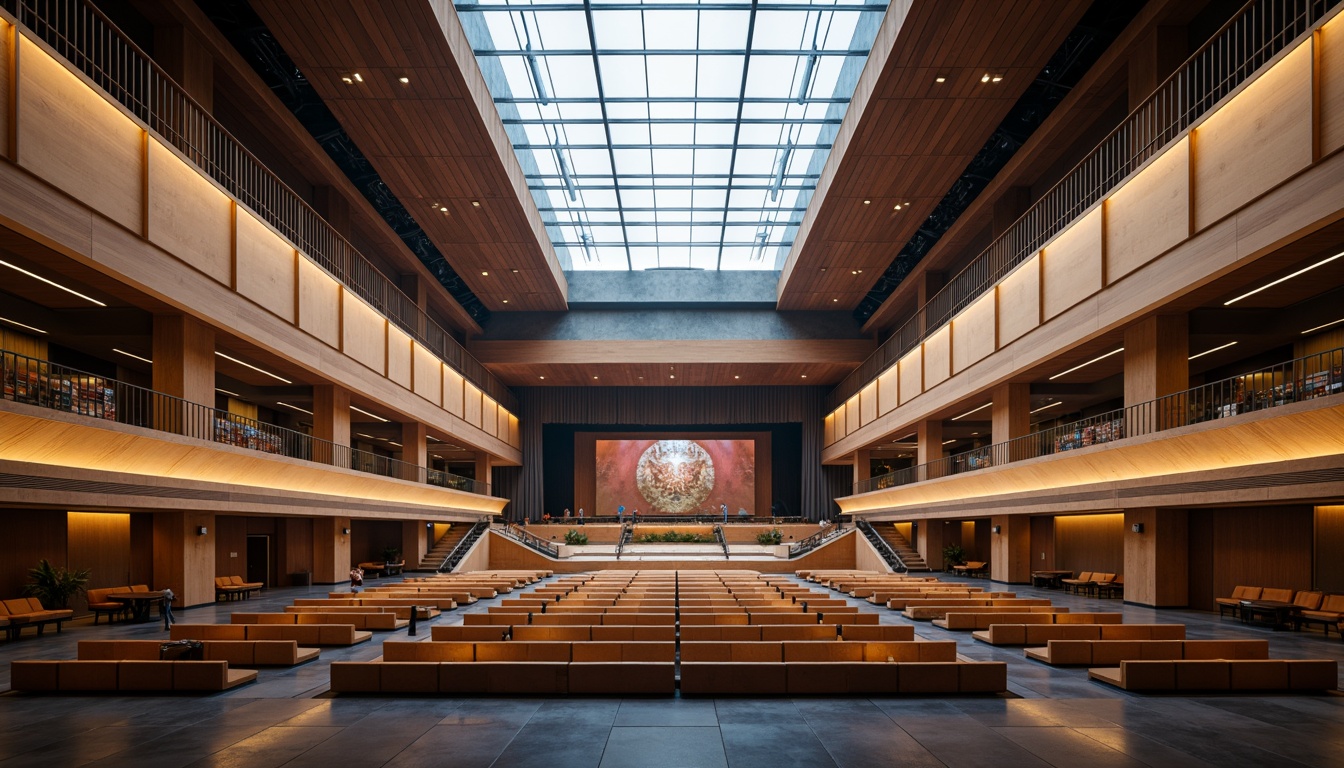 Prompt: Grand auditorium, fusion architecture, high ceilings, natural light pouring in, floor-to-ceiling windows, glass roof, clerestory windows, warm wooden tones, sleek metal accents, minimal ornamentation, flexible seating arrangements, tiered levels, stepped platforms, dramatic stage lighting, soft diffused illumination, 1/1 composition, symmetrical framing, realistic reflections, ambient occlusion.