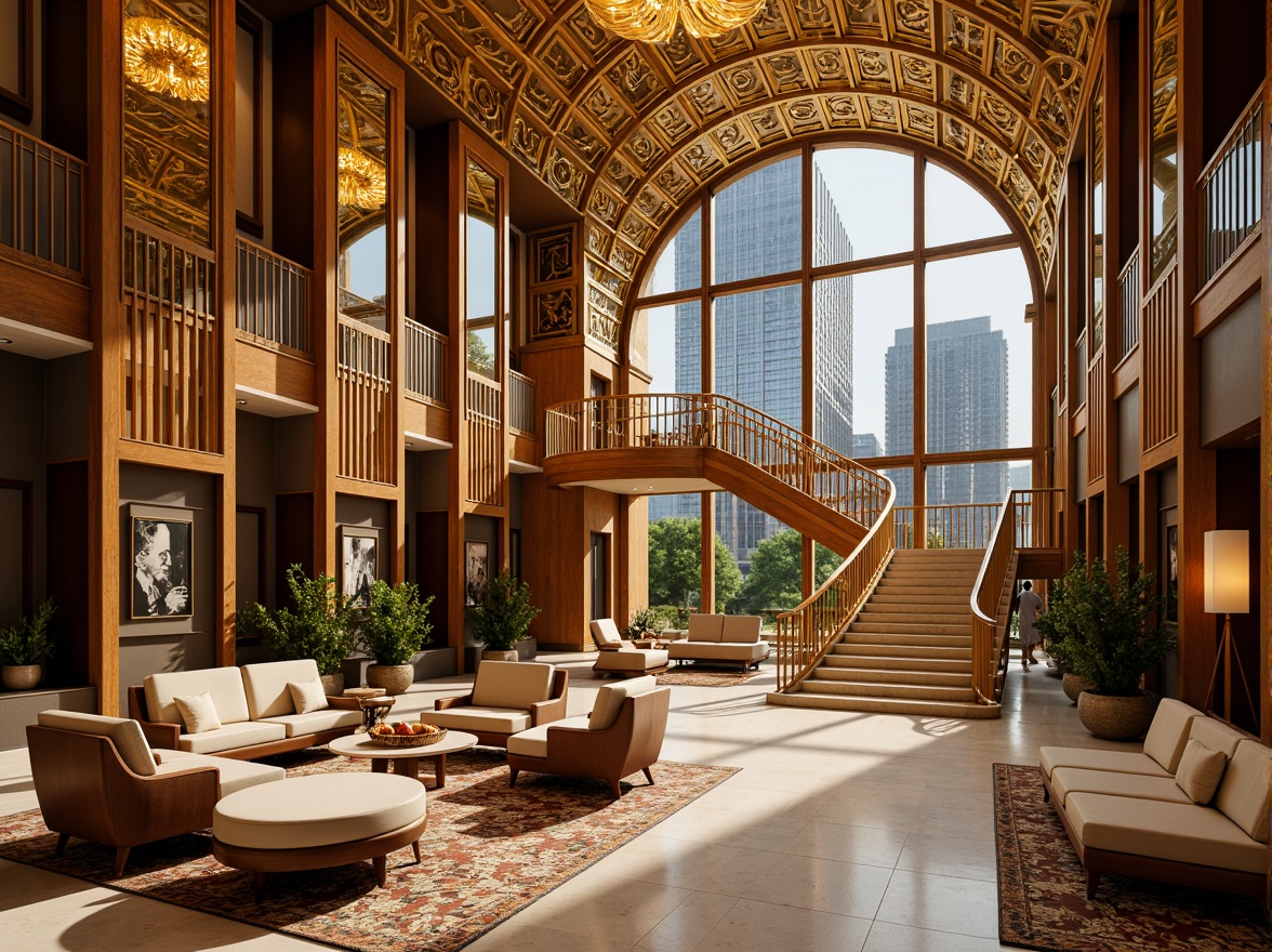 Prompt: Luxurious golden accents, ornate geometric patterns, metallic materials, lavish decorations, grandiose skyscrapers, zigzag motifs, chevron designs, sunburst patterns, stylized floral elements, opulent interiors, polished marble floors, intricately carved wooden panels, lavish chandeliers, dramatic staircases, curved lines, bold colors, high-contrast lighting, cinematic composition, shallow depth of field, detailed textures, ambient occlusion.